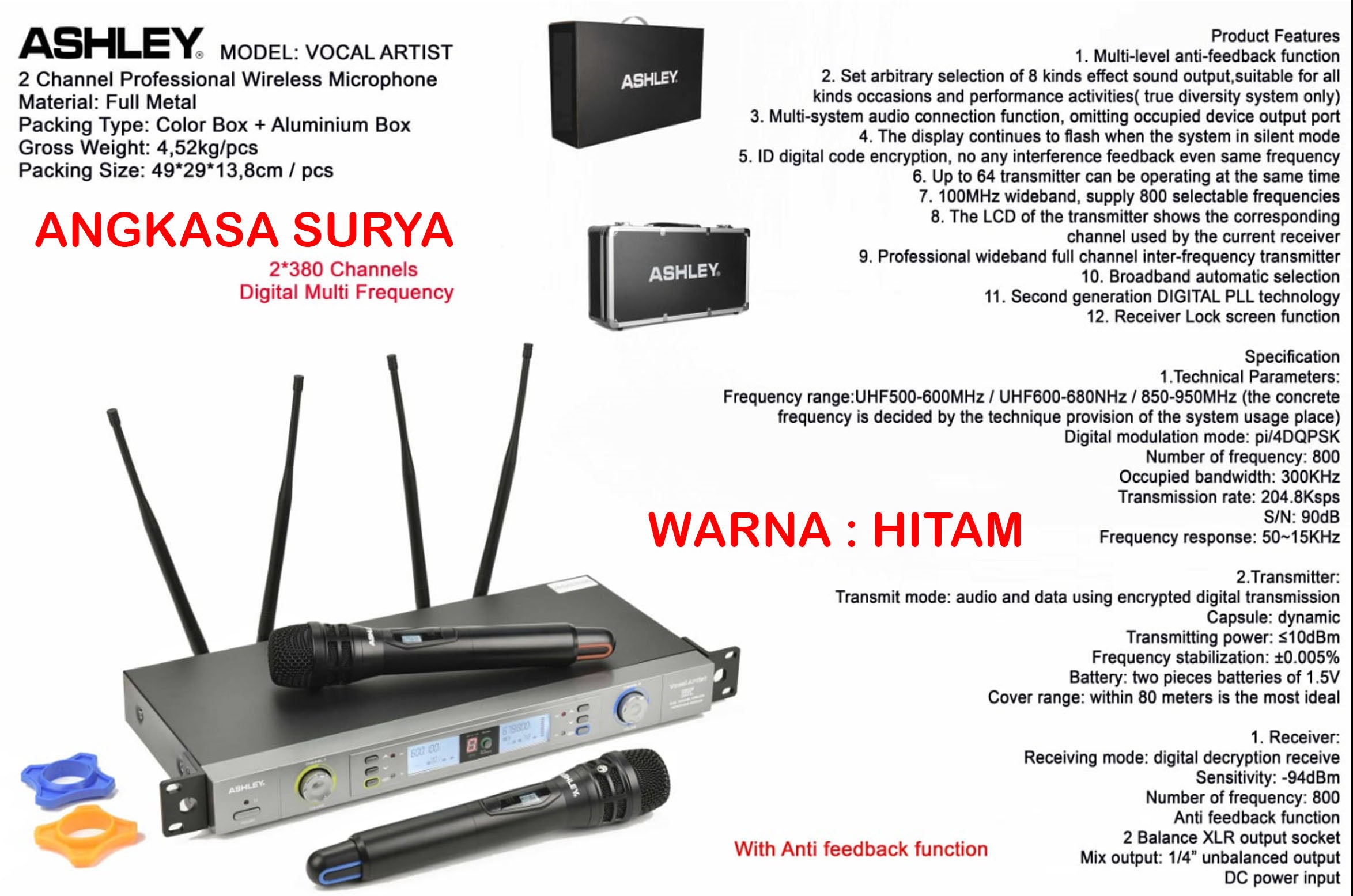 Mic Wireless ASHLEY VOCAL ARTIST ORIGINAL Koper Hardcase Anti Feedback Multi Frekuensi