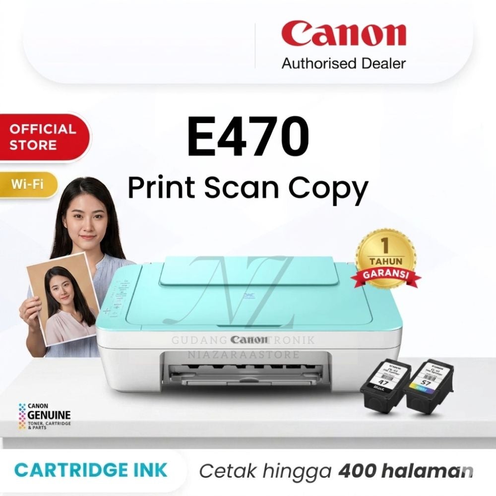 Printer Canon E470 Green BLACK - Inkjet Wifi Wireless All In One Print Scan Copy - Garansi 1 Tahun