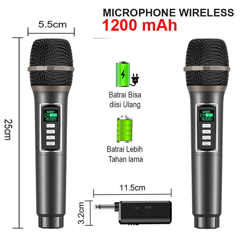 Microphone Wireless Karaoke Profesional – Receiver Included Suara Jernih Hi-Fi 24 Jam Pakai jarak 50 Meter