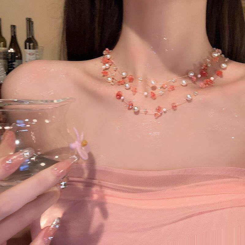 NC-194 Kalung Manik Wanita Aesthetic Estetik Mutiara Mix Batu Warna Cantik Fashion Korea Lucu Unik Triple Layer Aksesoris Necklace