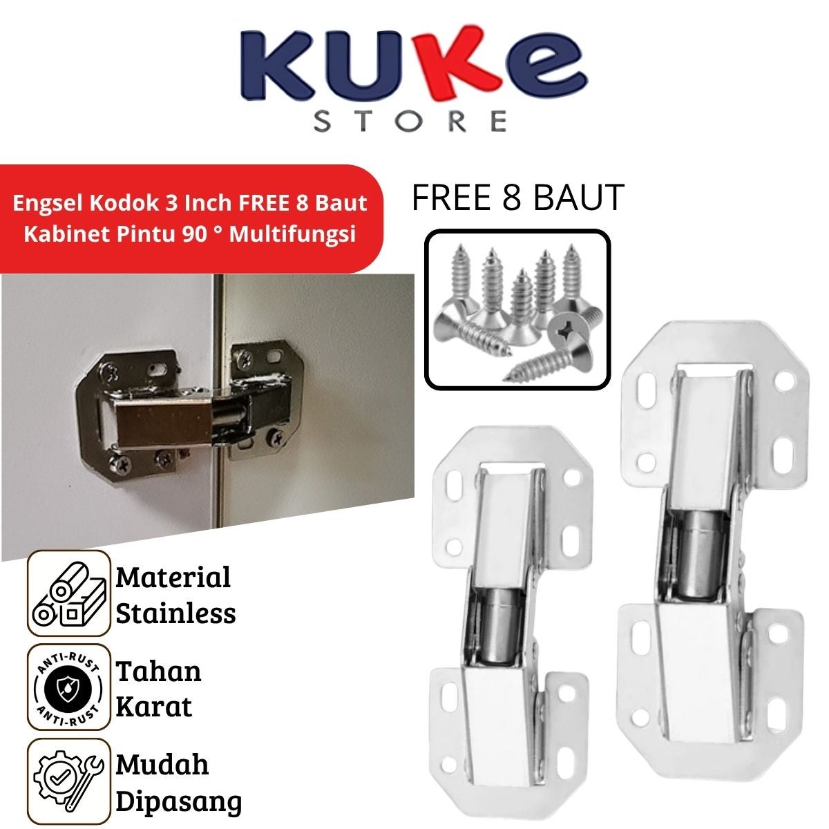 KUKE Engsel Kodok 3inch FREE 8Baut Stainless / Overlay Hinge Pintu Lemari 90° Anti Karat Berkualitas