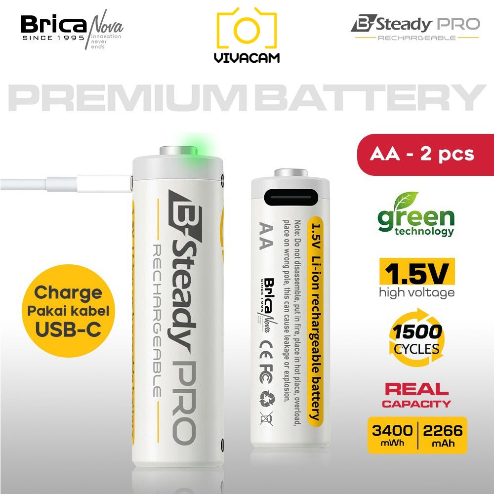Brica B-Steady PRO 1.5V AA x4 & AAA x4 Li-Ion Rechargeable Battery with Charger Dock - Free T-Shirt