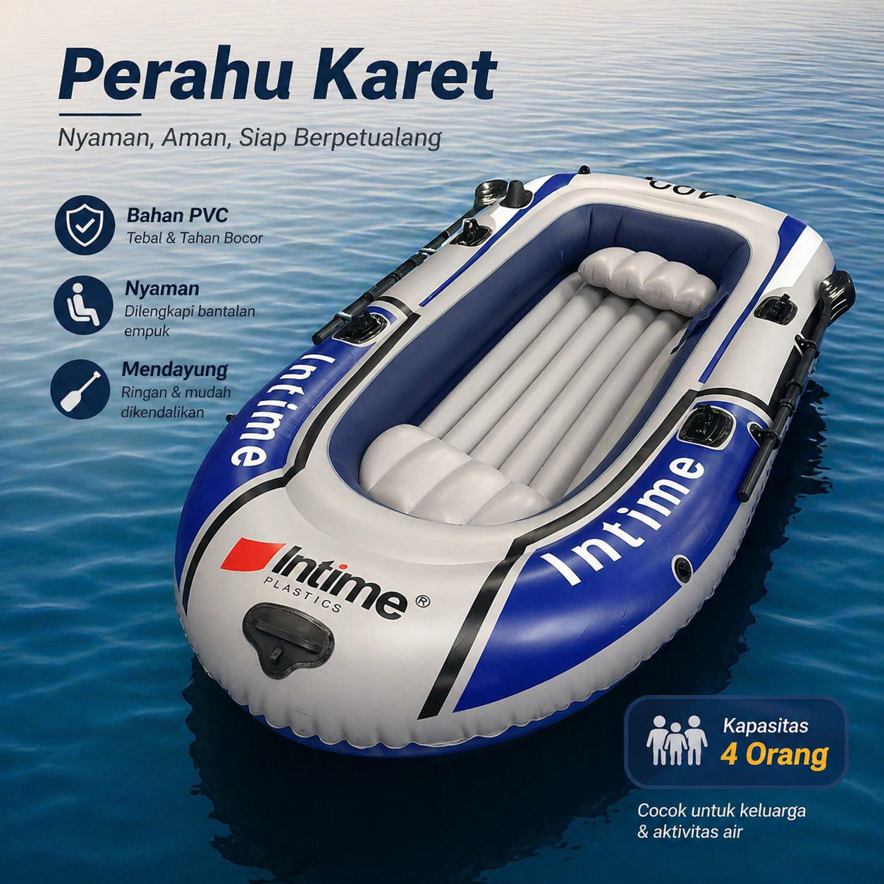 Perahu Karet Inflatable Untuk 4 Orang Ukuran 272 x 150 x 30 cm degan Daya Tampung 295 kg