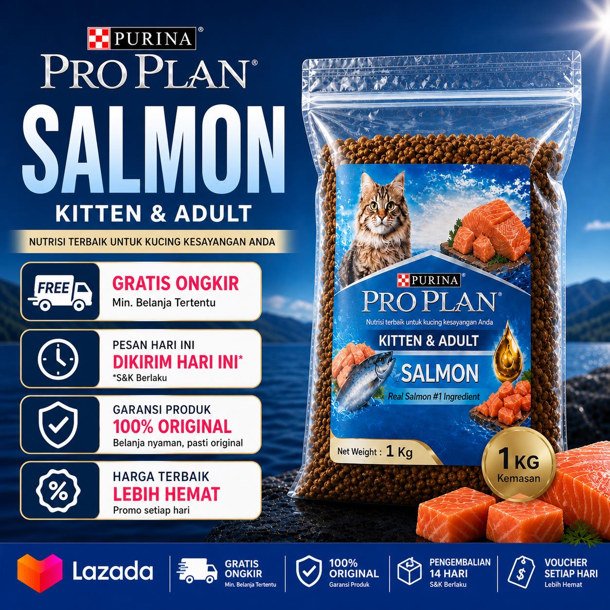 Cat Food Pro Plan Kitten Adult Salmon. Bonus Snack Cat Repack 1kg Merawat Bulu Menambah Nafsu Makan Makanan Kucing Kering