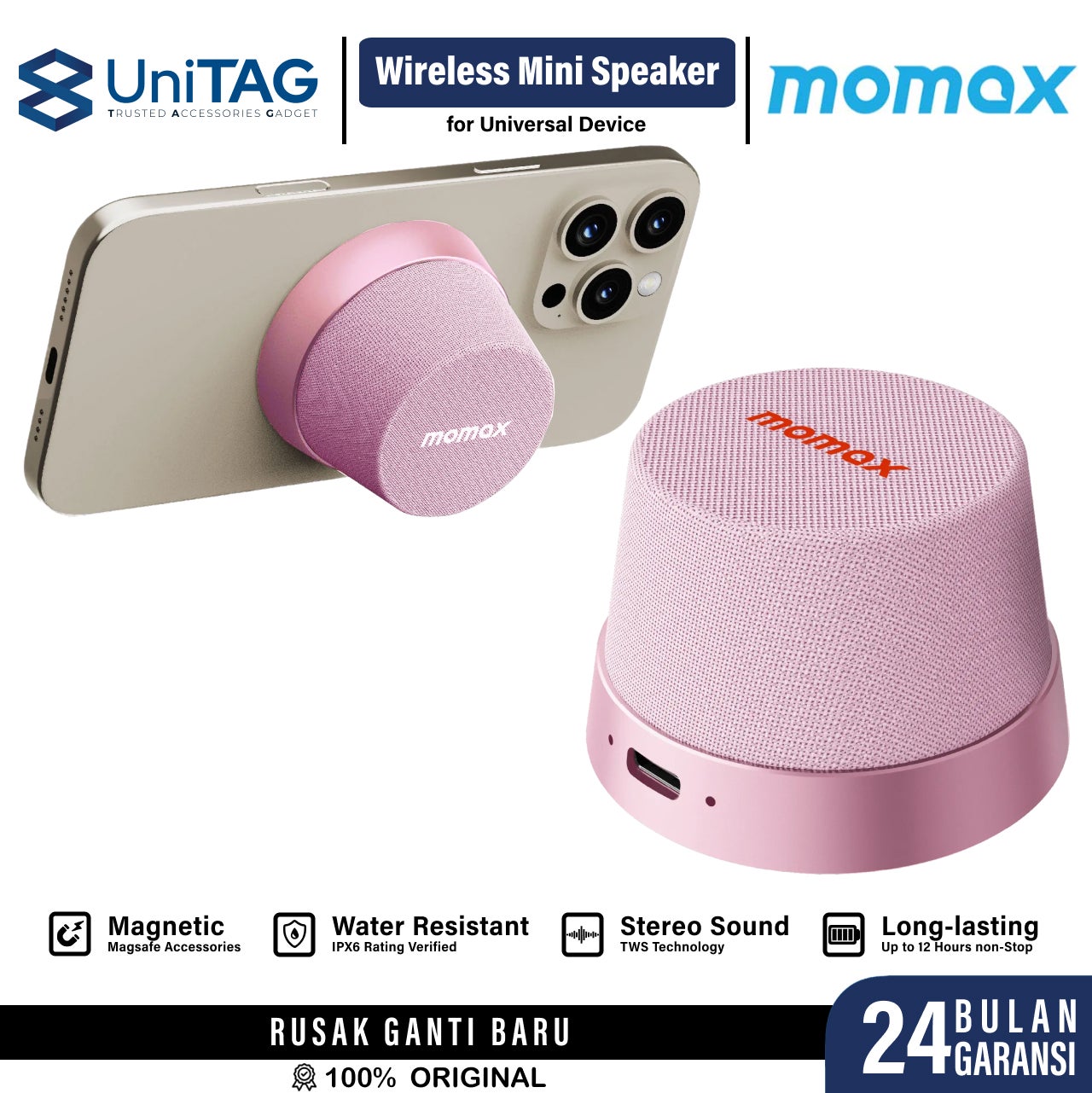 Momax Speaker 1-Vibe Go Magnetic Mini Wireless Bluetooth for Phone Stand Waterproof High Quality