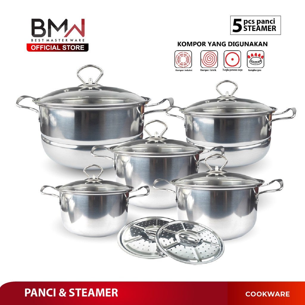 BMW Kitchen Ware - 1 Set 5 Pcs Panci High Pot Soup Pot Steamer Kukus Stainless Steel
