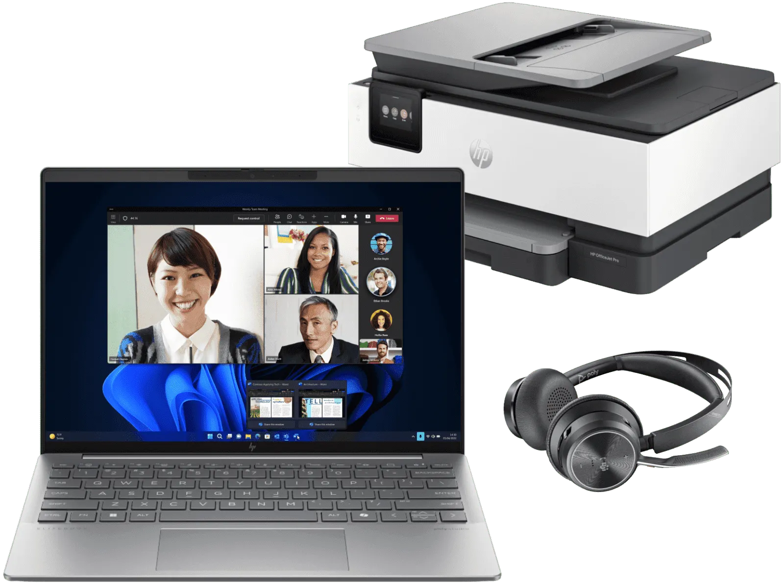 HP EliteBook 635 Aero 13.3 inch G11 Business Laptop, Silver + HP OfficeJet Pro 8130e All-in-One Printer + Poly Voyager Focus 2 Microsoft Teams Certifi