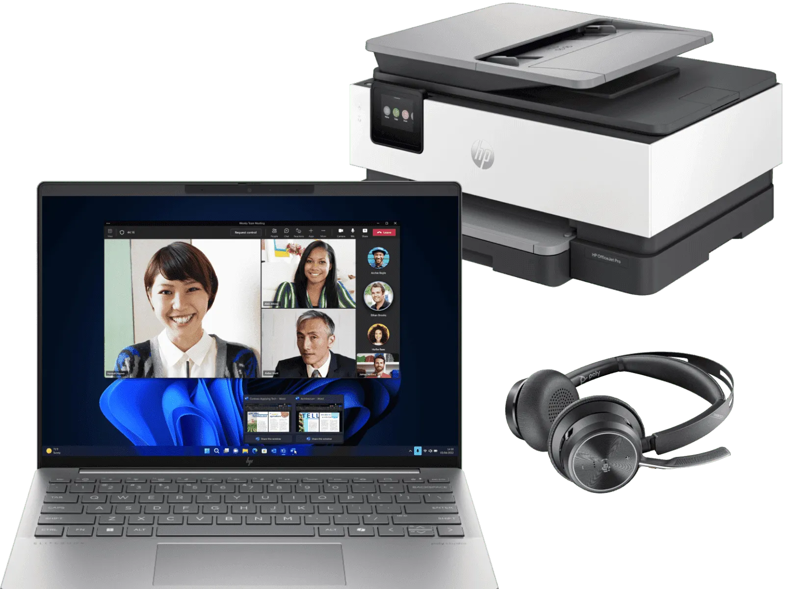 HP EliteBook 635 Aero 13.3 inch G11 Business Laptop, Silver + HP OfficeJet Pro 8130e All-in-One Printer + Poly Voyager Focus 2 Microsoft Teams Certifi