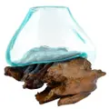 Teak and Glass Hand Blown Table Topper | Fish Bowl | Terrarium, Small/Natural Light