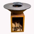 Flaming Coals Round Rustic Firepit BBQ Wood Storage 100cm