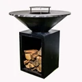 Flaming Coals Round Black Firepit BBQ Wood Storage 100cm