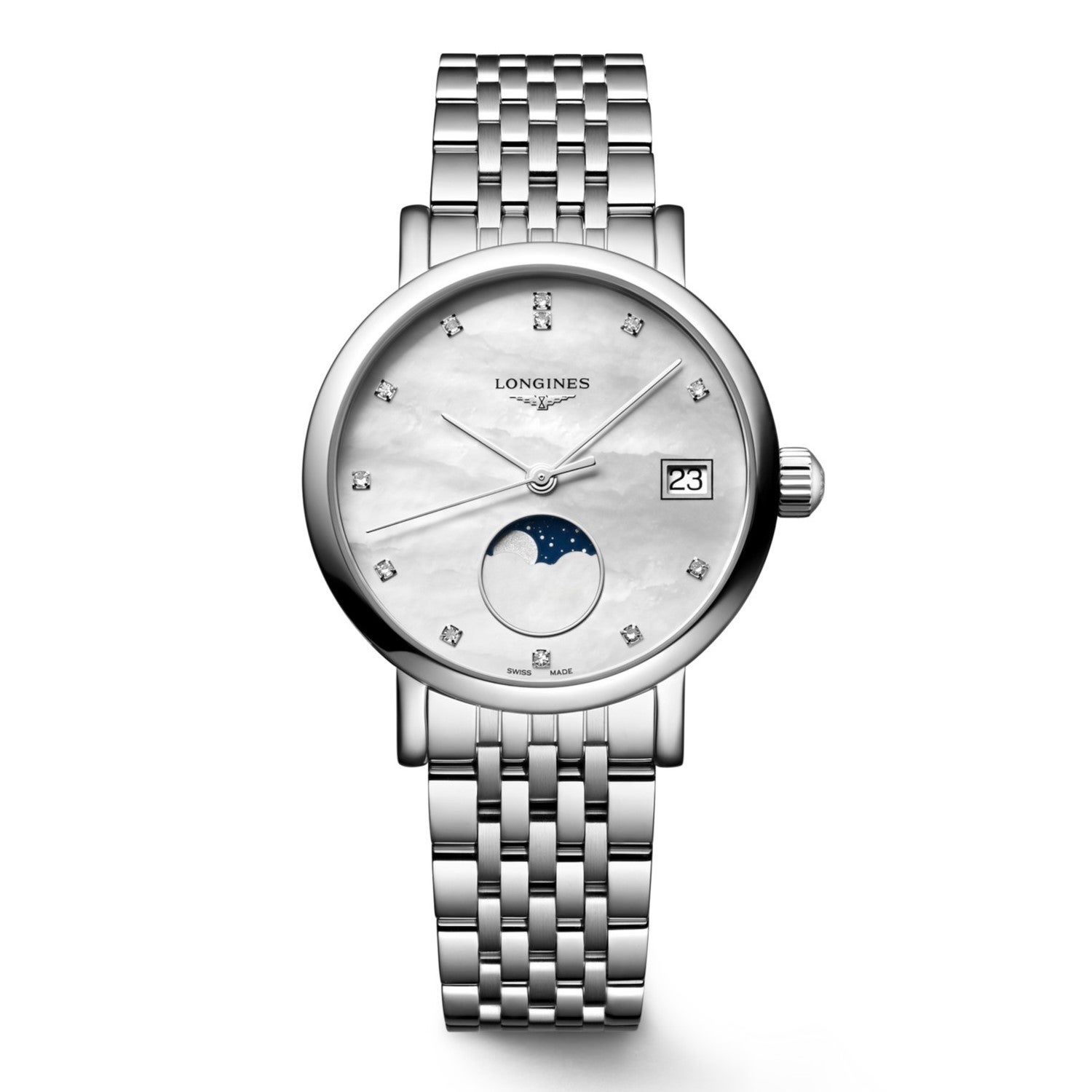 Longines Elegant S.Steel Quartz Watch w/M.O.P Face & 12 Diamonds L43304876