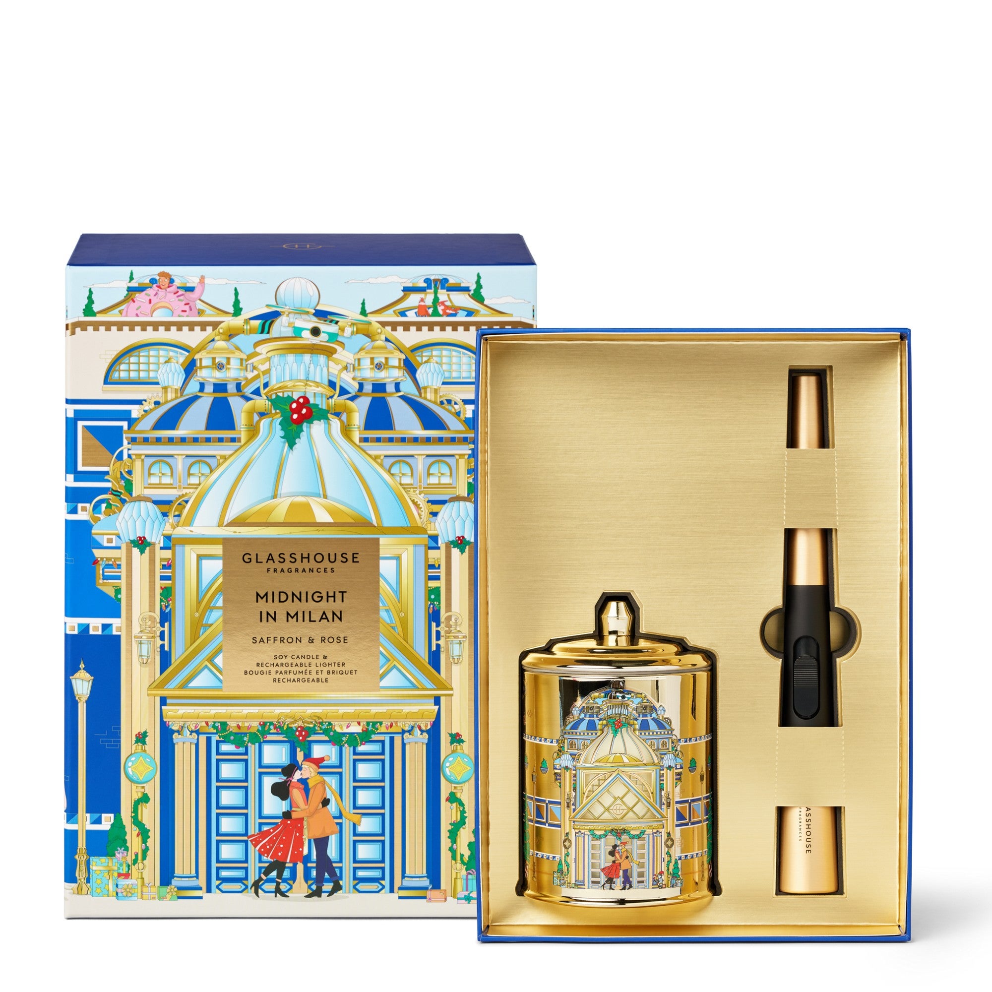 Glasshouse Ltd Ed. Midnight In Milan Soy Candle & Arc Wand USB Lighter 2pce