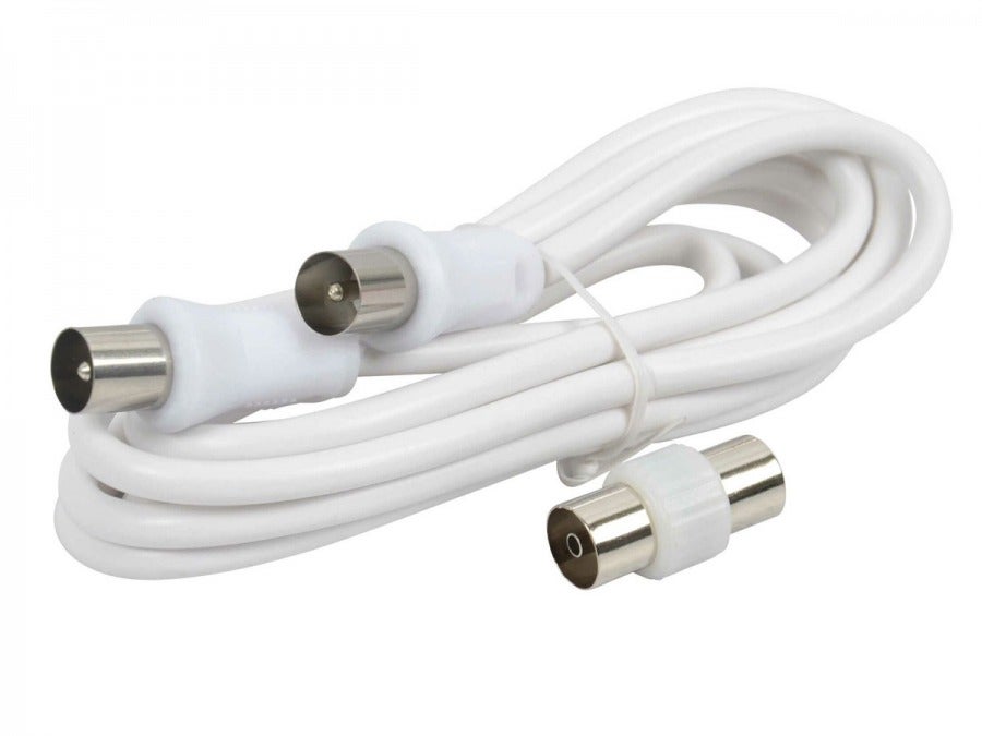 1.8m White TV Antenna Flylead (Male to Male) + Female Coupler Adapter