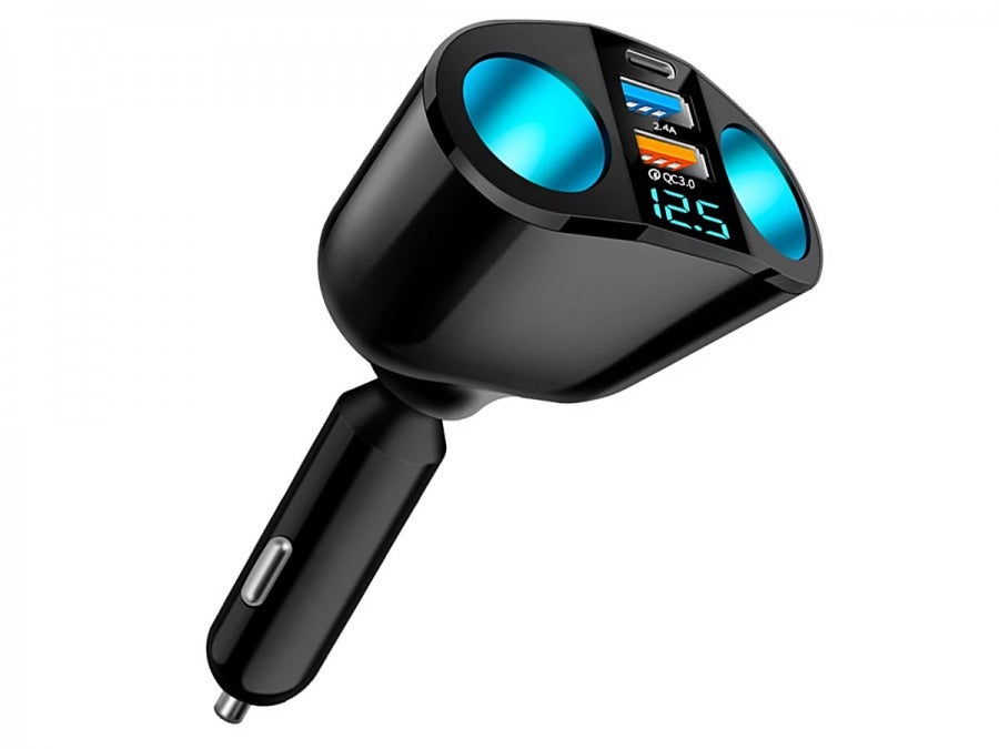 Car Charger Power Socket Adapter with QC3.0 & Type-C USB plus Voltage Meter