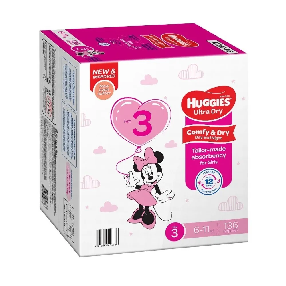 Huggies Nappies Mega Crawler Girl Size 3 - 136 Pack