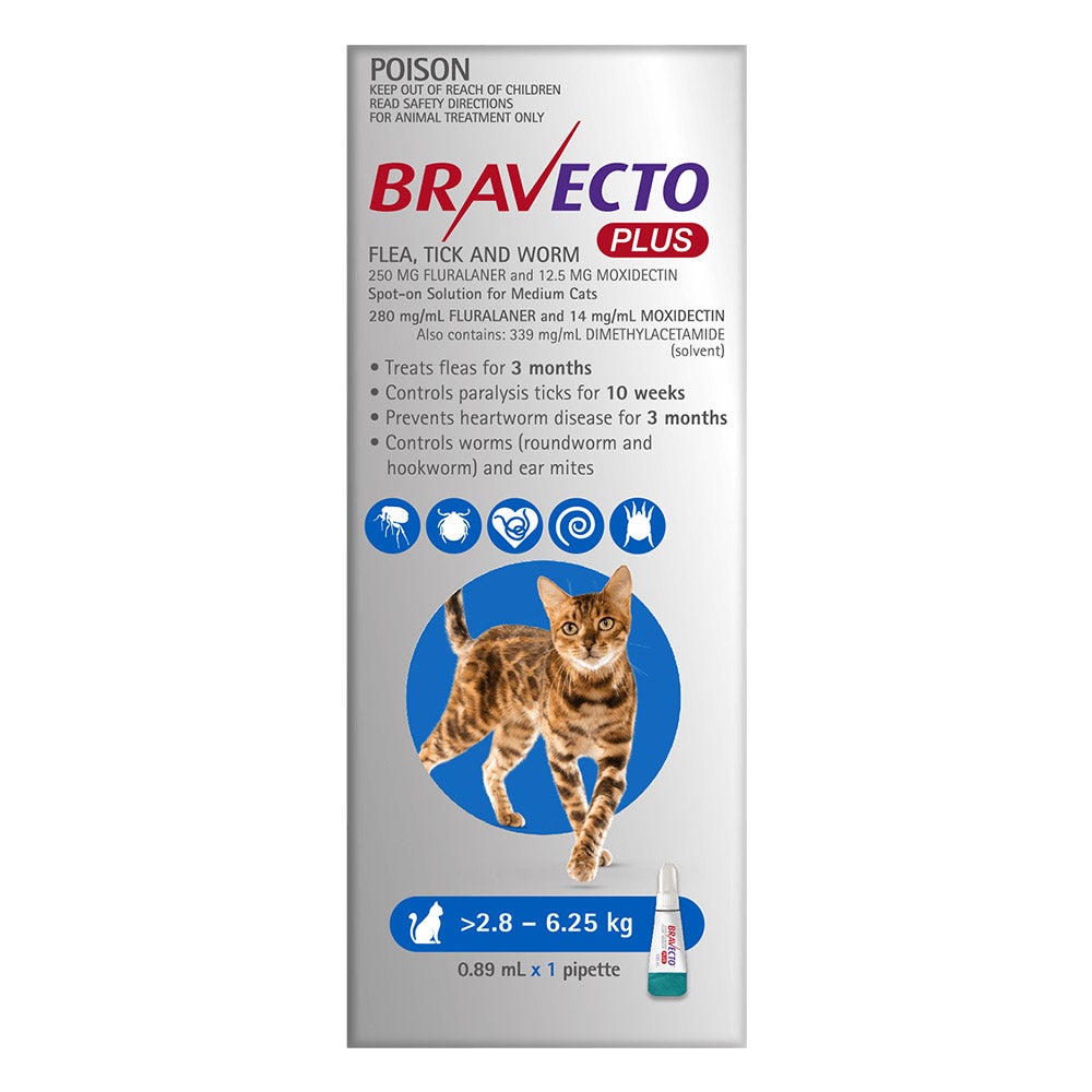 Bravecto Plus For Cats For Medium Cats 2.8 - 6.25 Kg Blue 1 Pack