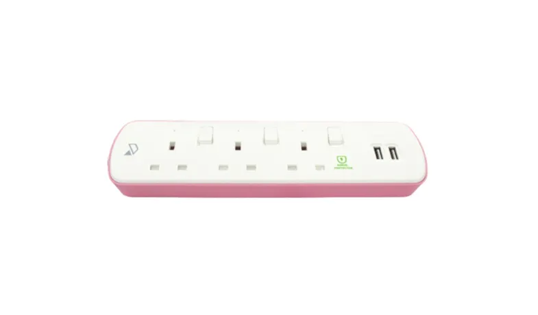 Zeatar 3-Way Portable Socket USB Surge Protector 2M - Pink (Z 333-PK)