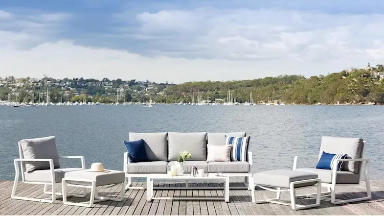 Bonnie 3Pcs Lounge Sofas with Cushions + Coffee Table + Ottomans - White and Grey