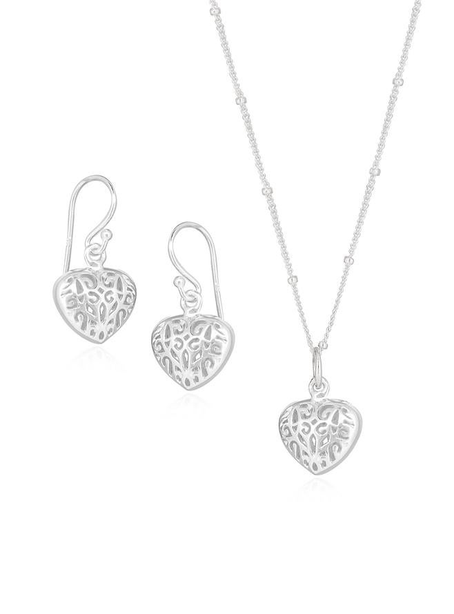 Reagan Filigree Heart Charm Earrings and Necklace in Sterling Silver
