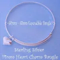 Sterling Silver 60mm-68mm Expandable Bangle With 14mm Love Heart Charm