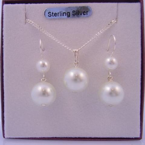 Sterling Silver 6mm &amp; 10mm White Faux Pearl Drop Hook Earrings and Matching 10mm Pearl Drop Necklace