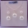 Sterling Silver 6mm &amp; 10mm White Faux Pearl Drop Hook Earrings and Matching 10mm Pearl Drop Necklace