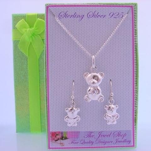 Sterling Silver Matching Teddy Bear Necklace &amp; Earrings Gorgeous Shimmering Gift Box