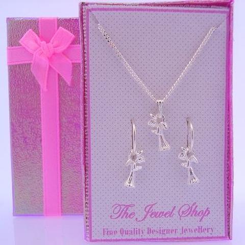 Sterling Silver Matching Guardian Angel Charm Necklace &amp; 12mm Sleeper Earrings Gorgeous Shimmering Gift Box