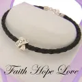 Silver Lovelinks Faith Hope Love Bead Charm Black Leather Bracelet