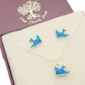 Sterling Silver Blue Bird Stud Earrings and Necklace Set