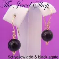 9ct Yellow Gold 8mm Black Agate &amp; 9ct Gold Ball Hook Designer Earrings