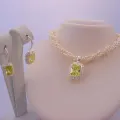 Sterling Silver Freshwater Pearl 3 Strand Twisted Necklace With Sterling Silver Peridot Green Cz Pearl Enhancer &amp; Earrings