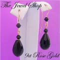 9ct Rose Gold Black Agate &amp; Swarovski Crystal Feature Hook Design Earrings