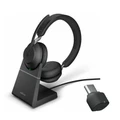 Jabra Evolve2 65 Bluetooth On-Ear Active Noise Cancelling Headset with Charging Stand - Teams Certified Link380-C / 3-Mics Noise Cancellation / 40mm Speakers / Busy Light / Fast Charge / Up to 30m Distance / Up to 35-Hour Talk-Time