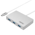 Unitek Y-3190 4-in-1 USB-C Hub 3.0 with 3 ports, USB Type -C supportspowerdeliveryand5Gbpstransfer.Delivery Max 20V 3A, Plug and Play No driver to install, Cable length 30cm. Colour: Silver