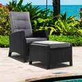 Sun lounge Recliner Chair Wicker Lounge Sofa Bed Outdoor Furniture Patio Garden Cushion Ottoman Black Gardeon