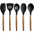 Non-Stick Silicone Kitchen Utensils Set with Natural Acacia Hard Wood Handle, 5 Piece, Black, BPA Free, Baking & Serving Silicone Cooking Utensils