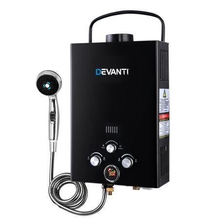 Devanti Outdoor Portable LPG Gas Hot Water Heater Shower Head 12V Water Pump Black