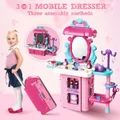 3in1 Kid Dressing Table Vanity Suitcase Set Pretend Makeup Toy Role Play Dresser with Mirror Drawer Beauty Accessories