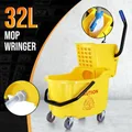 Commercial Mop Bucket Wringer Side Press Home Cleaning Cart Squeezer Combo Hotel All-In-One Heavy-Duty Wheels Yellow 32L