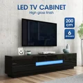 Black TV Stand LED Cabinet Entertainment Unit Wooden Console Bench High Gloss Front Living Room Storage Furniture 200cm