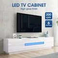 White TV Stand LED Cabinet Entertainment Unit Wooden Console Bench High Gloss Front Living Room Storage Furniture 200cm