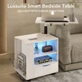 Luxsuite Smart Bedside Table White LED Cabinet Storage Nightstand Bedroom Full High Gloss Finish with Drawer Adjustable Laptop Desk 2 Shelves 2 USB Ports
