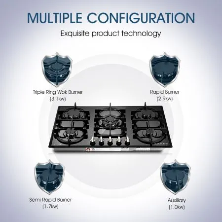 90Cm Ng Lpg 5 Burners Gas Cooktop Hob Stove Easy Clean Crystal Glass Top W/Sai Safe Certification