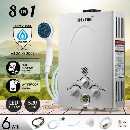 MAXKON 8 in 1 520L/Hr Portable Outdoor Gas Instant Shower Water Heater - Silver
