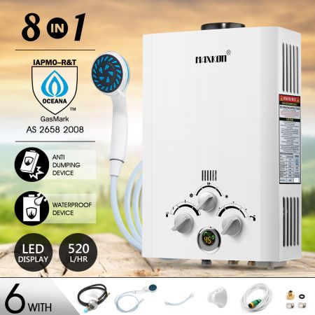 MAXKON 520L/Hr Portable Outdoor Gas LPG Instant Shower Water Heater - White