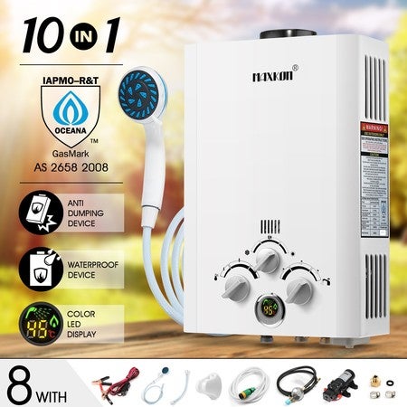 MAXKON 520L/Hr Portable 10 in 1 Outdoor Gas LPG Instant Shower Water Heater - White