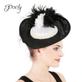 Poly Fascinators Hats Feather Flower Pillbox Hat Cocktail Tea Party Headwear Black White