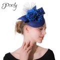 Poly Side Disc Fascinators Hats Feather Flower Pillbox Hat Cocktail Tea Party Headwear Midnight Blue